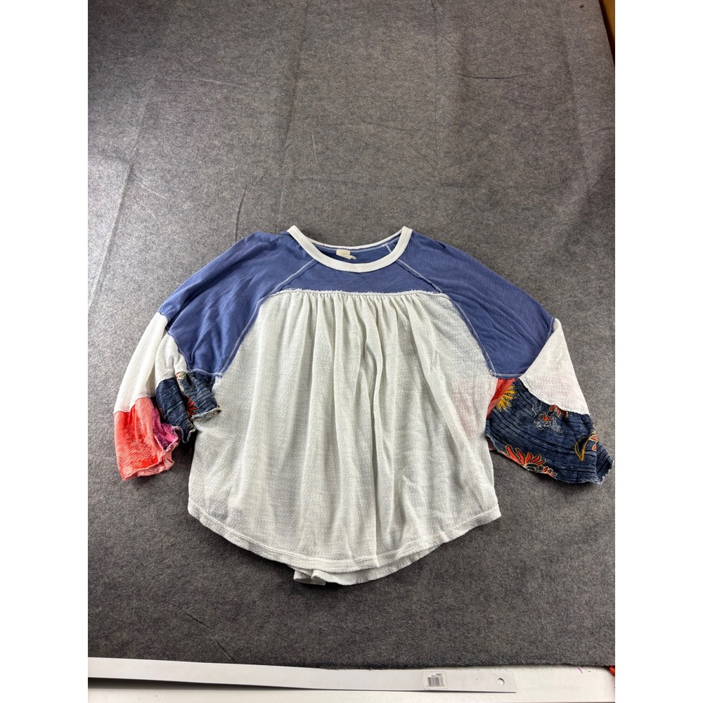 We The Free People Mixed Media Babydoll Top Blue White Floral Womens M Boho SEE